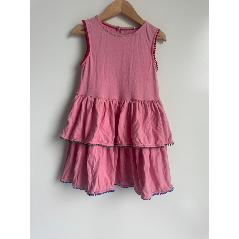 Mini Boden Girls Pink Tiered Pom Pom Trim Cotton Jersey Dress Boho Summer 5-6Y